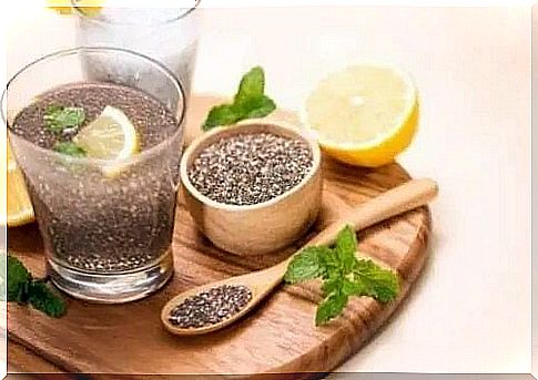 Glass and spoon with chia seeds